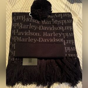 NWT Harley-Davidson Black Knit Scarf and Beanie with Pom Pom Set